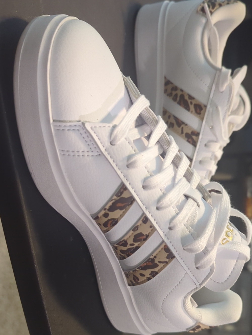 adidas White Platform Sneakers with Leopard-Print Three Stripes